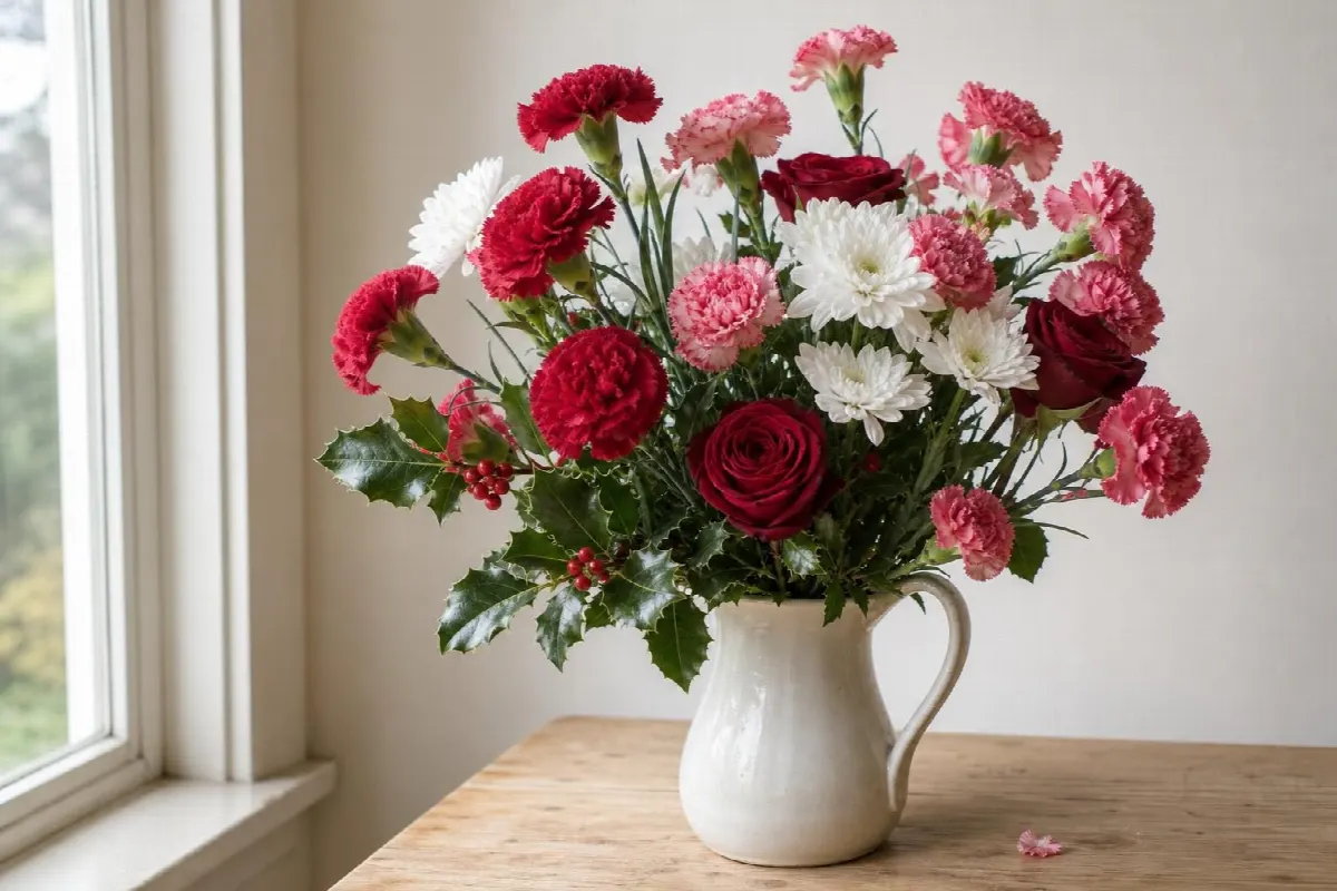 Birth flowers by month in one bouquet: carnations, roses, white chrysanthemums and holly in a cream pitcher (AI-generated image)
