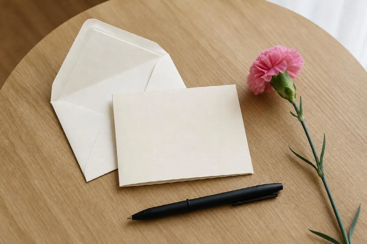 Blank birthday card, envelope and pen beside a pink carnation (AI-generated image)
