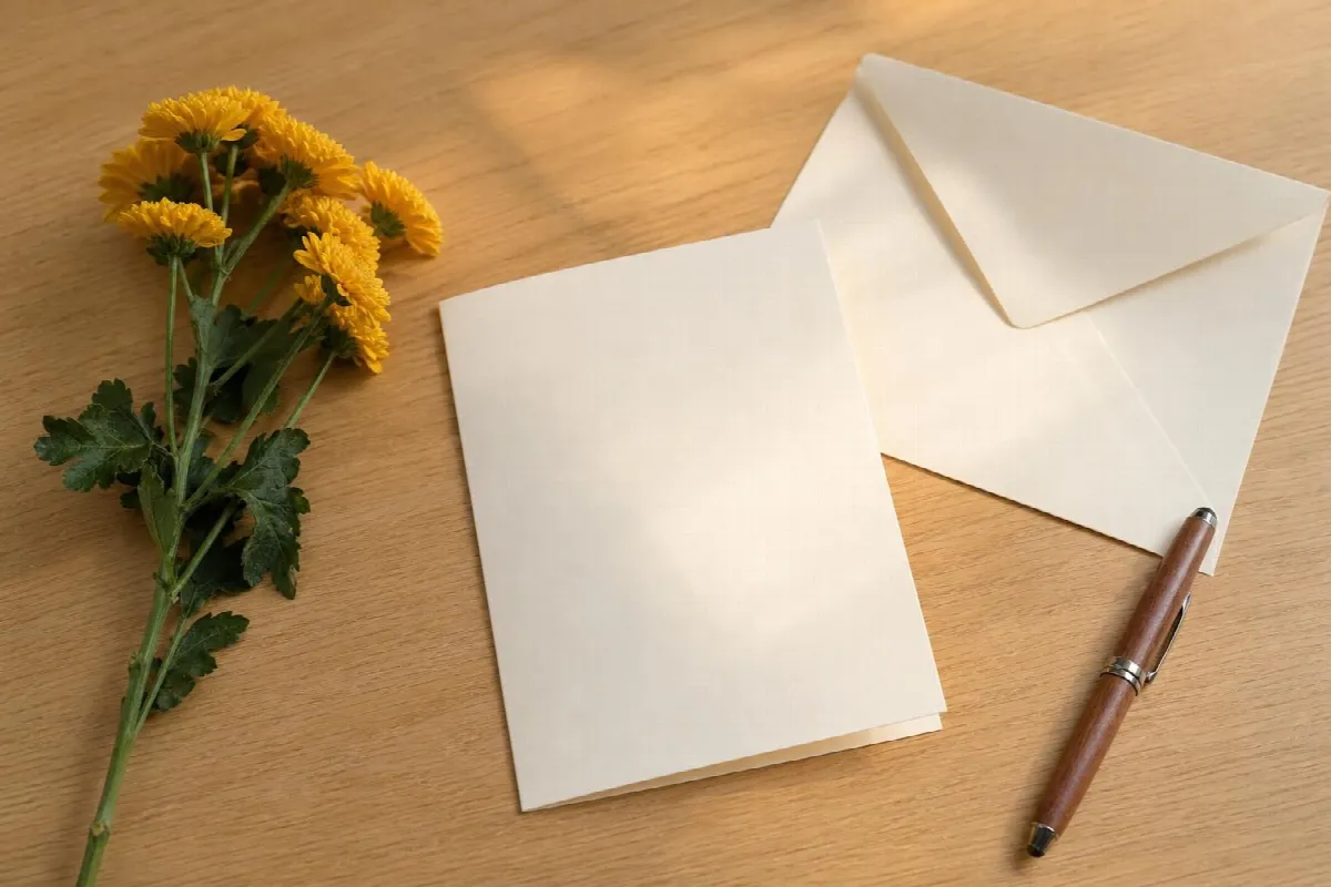 Blank birthday card, envelope and pen beside a stem of yellow chrysanthemums (AI-generated image)