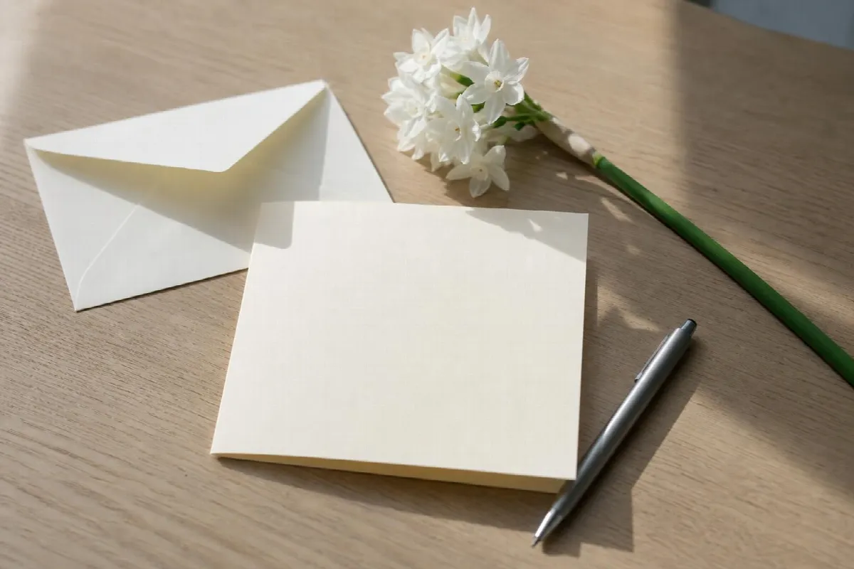 Blank birthday card, envelope and pen beside a stem of paperwhite narcissus (AI-generated image)