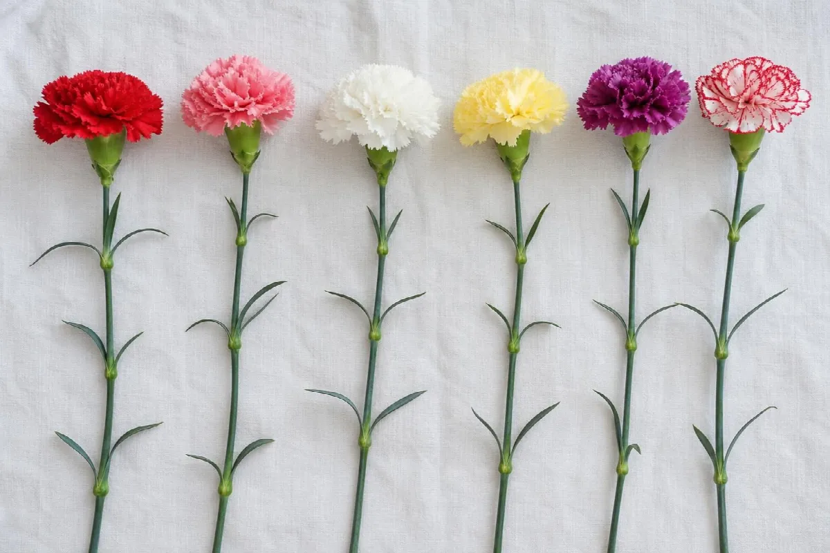 Red, pink, white, yellow, purple and striped carnation stems laid side by side (AI-generated image)
