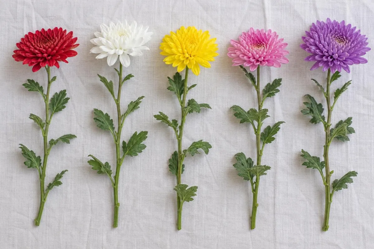 Red, white, yellow, pink and purple chrysanthemum stems laid side by side (AI-generated image)