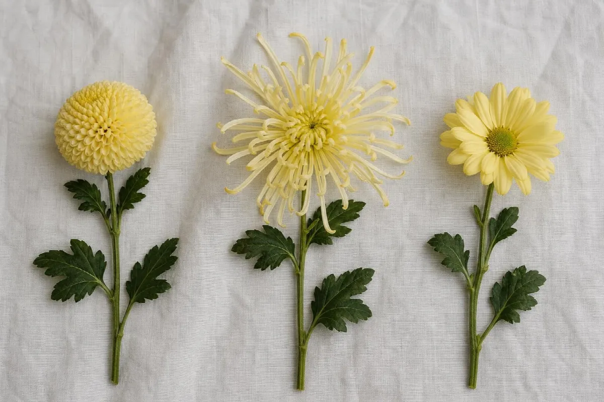 Pompon, spider and daisy-type chrysanthemums side by side (AI-generated image)