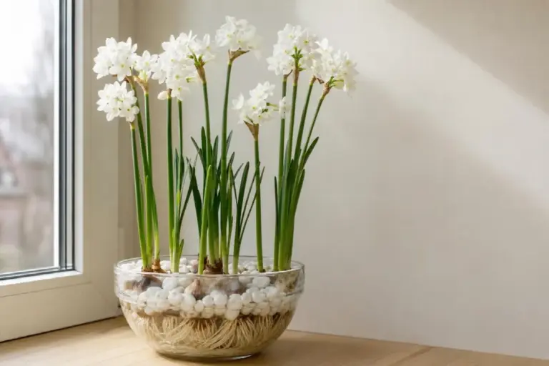 December birth flower paperwhite narcissus growing in a glass bowl of white pebbles (AI-generated image)