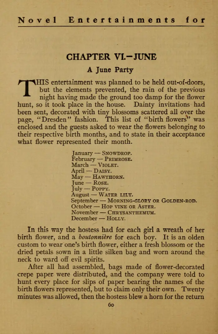 1907 list of birth flowers by month from Dame Curtsey's Book of Novel Entertainments