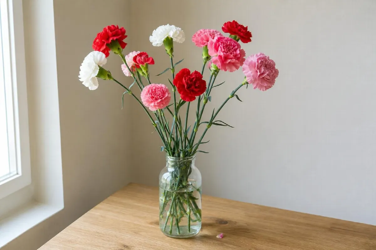 January birth flower carnations in red, pink and white in a glass bottle (AI-generated image)