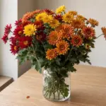 November birth flower chrysanthemums in red, yellow and bronze in a glass jar (AI-generated image)