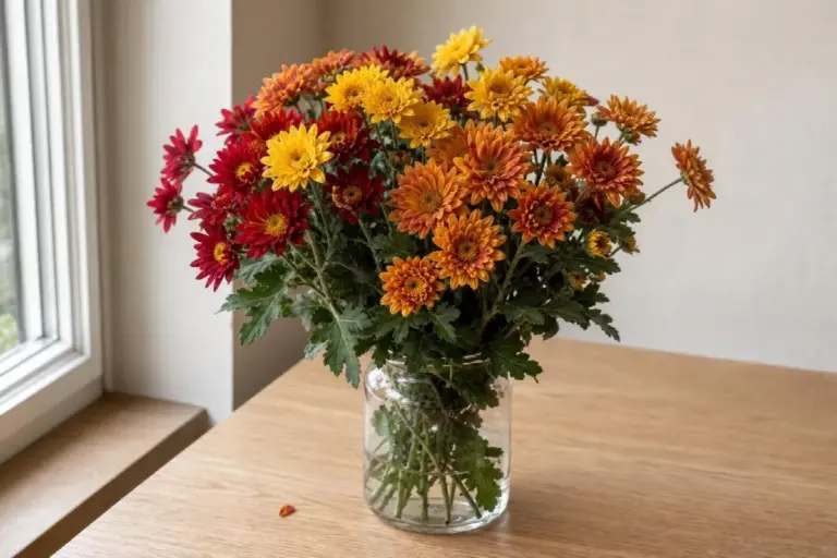 November birth flower chrysanthemums in red, yellow and bronze in a glass jar (AI-generated image)